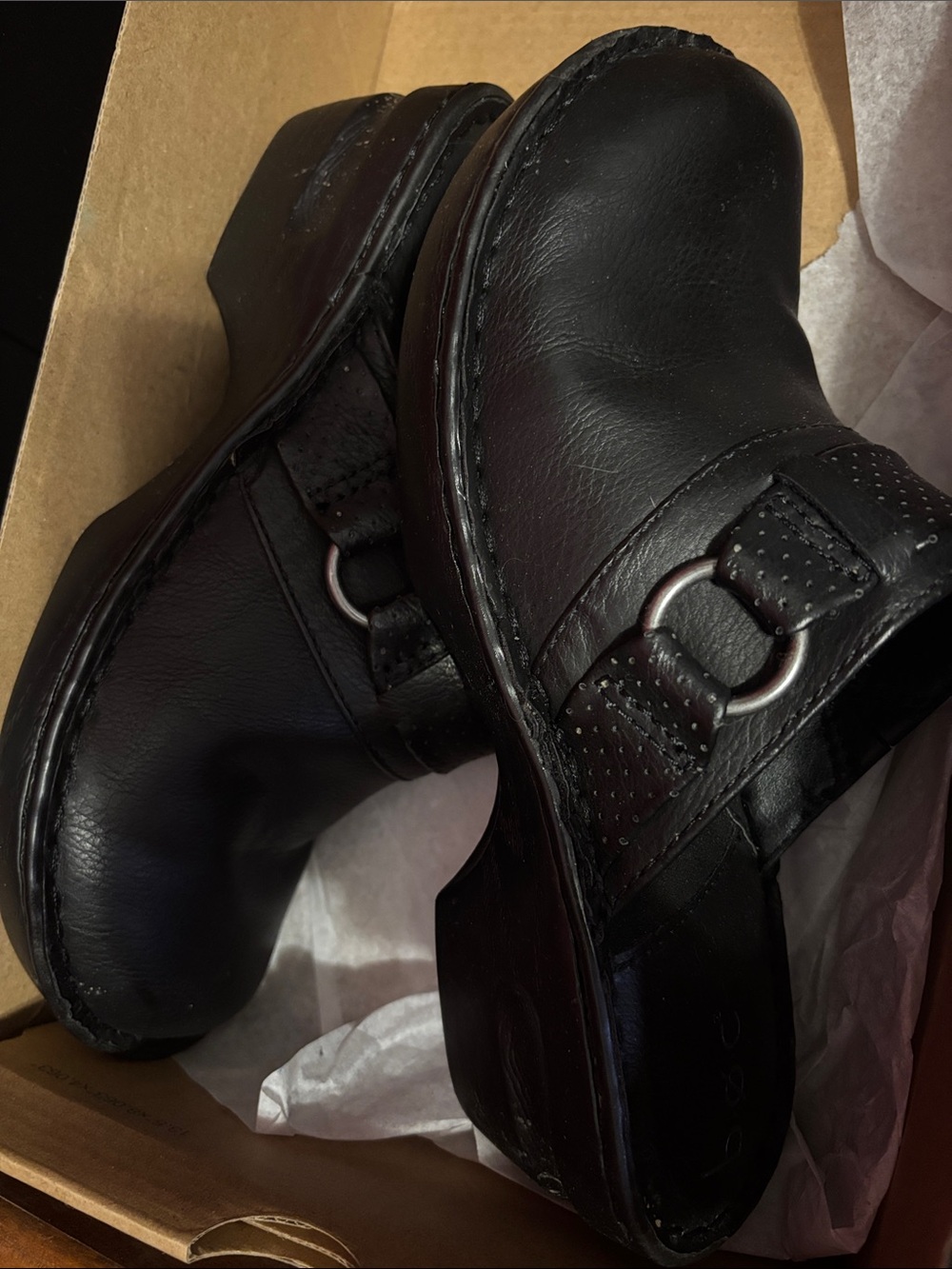 b.o.c. Black Leather Slip-On Clogs with Ring Accent